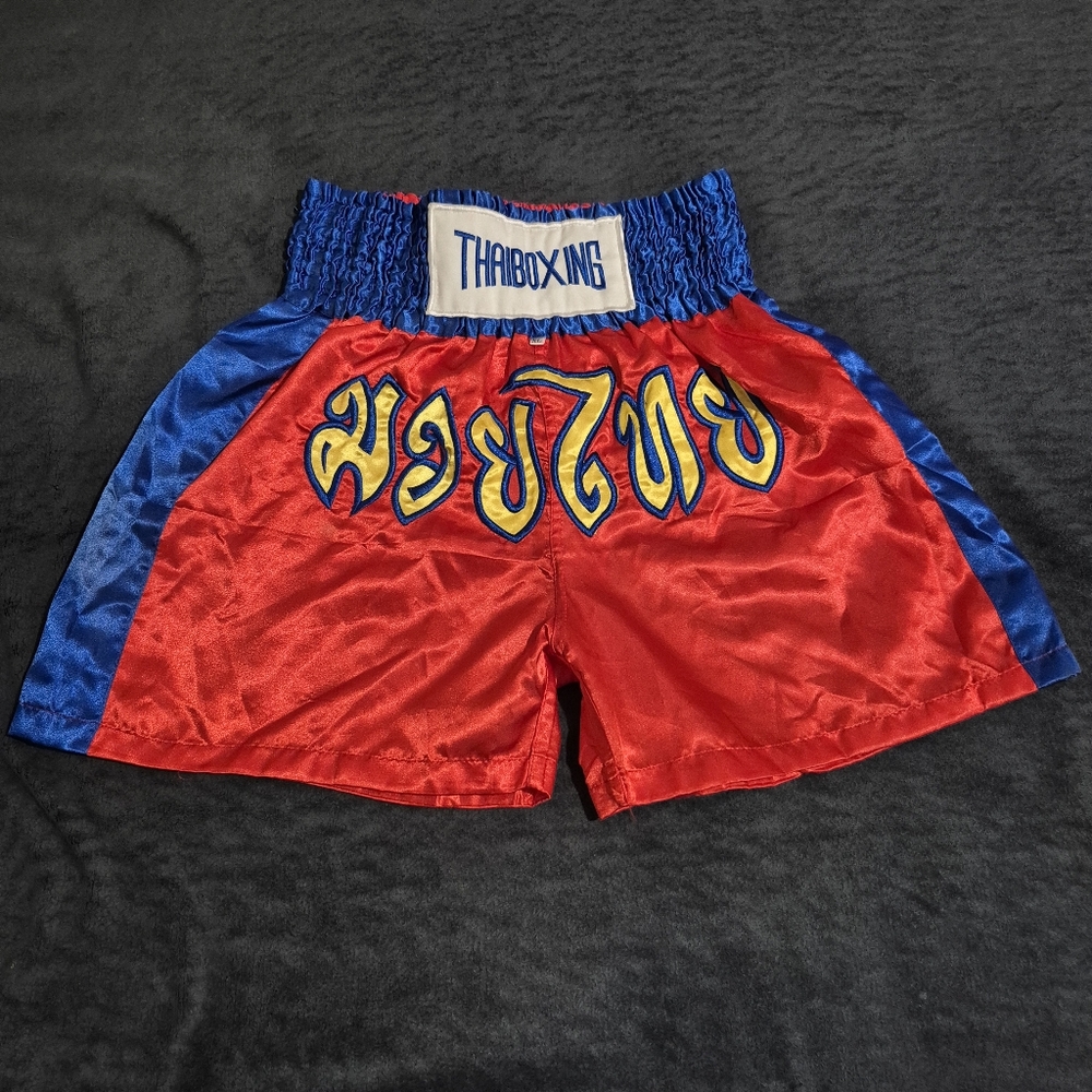 Men's Thai Boxing Short. Satin. Multi-Color Blue/Red/Yellow. Active Sportwear XL